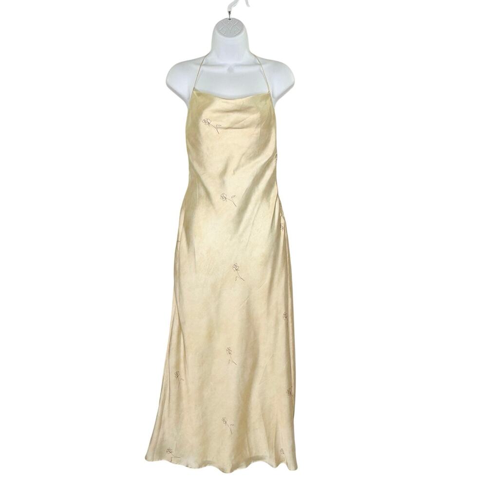Zara Cream Satin Midi Slip Dress S Flower Line Drawing Cut Out Back Sleek